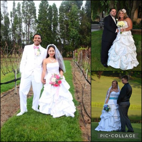 David’s Bridal White Satin Tiered Ruched Pin-tuck Ruffle Wedding Dress Gown - Picture 3 of 16